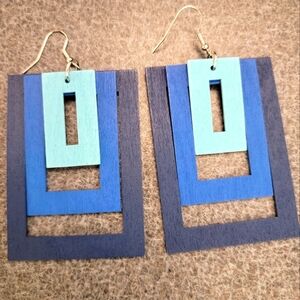 Blue Rectangle Shaped Wood Dangle Earrings